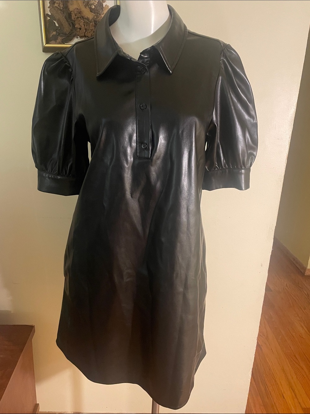 Sundays by We Are Sundays Black Faux Leather Puff Sleeve Dress with Pockets